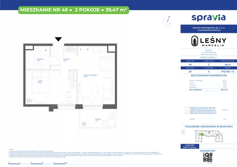 2 pokoje, mieszkanie 39,47 m², piętro 5, oferta nr 28/46, Leśny Marcelin, Poznań, Grunwald, Junikowo, ul. Jeleniogórska