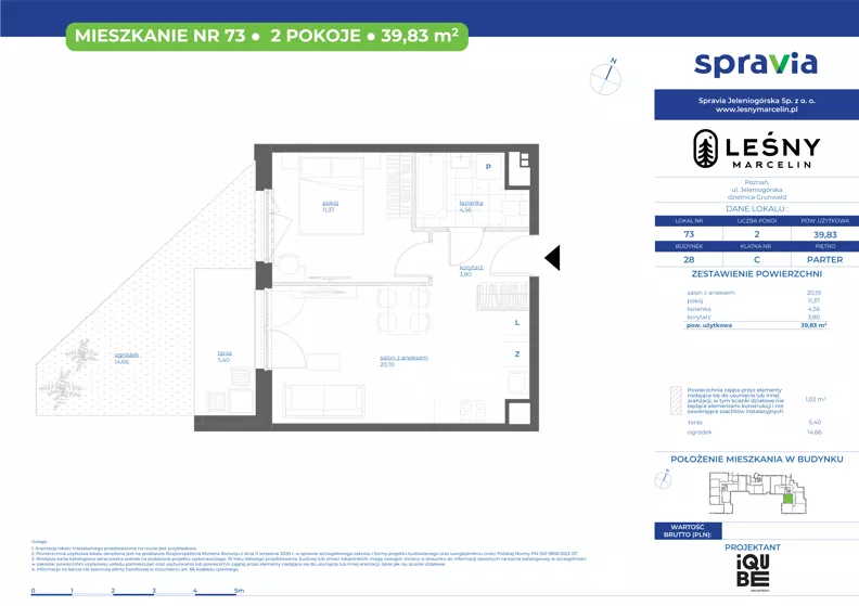 2 pokoje, mieszkanie 39,83 m², parter, oferta nr 28/73, Leśny Marcelin, Poznań, Grunwald, Junikowo, ul. Jeleniogórska