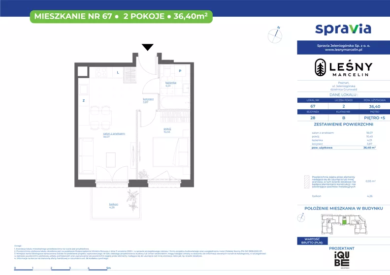 2 pokoje, mieszkanie 36,40 m², piętro 5, oferta nr 28/67, Leśny Marcelin, Poznań, Grunwald, Junikowo, ul. Jeleniogórska