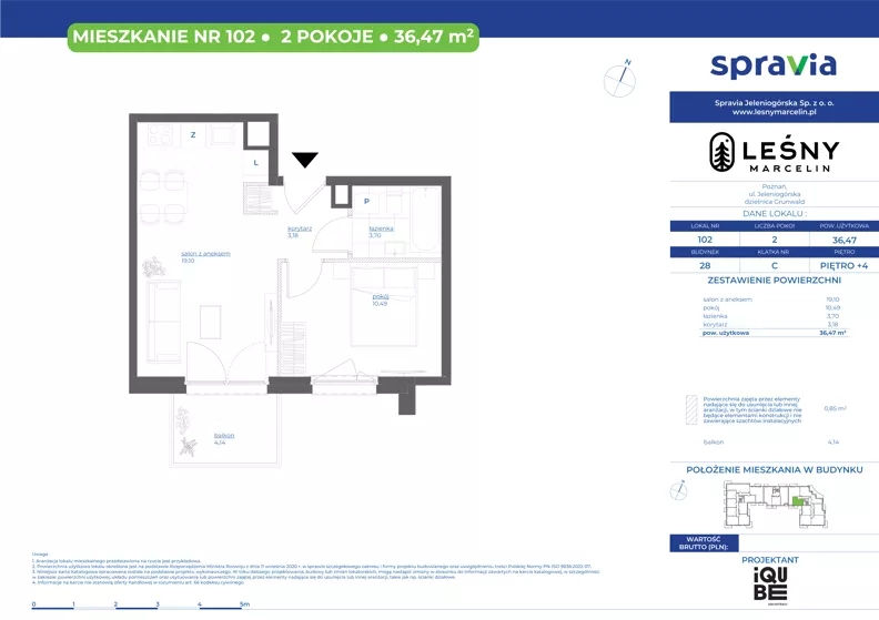 2 pokoje, mieszkanie 36,47 m², piętro 4, oferta nr 28/102, Leśny Marcelin, Poznań, Grunwald, Junikowo, ul. Jeleniogórska