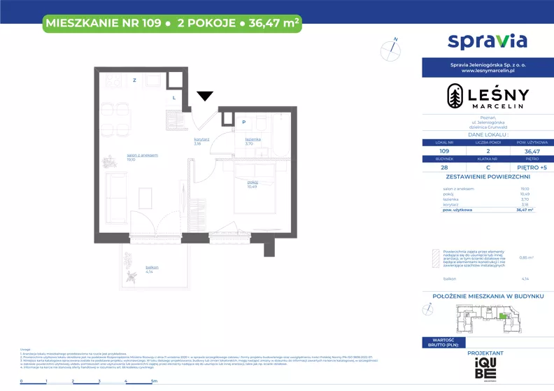 2 pokoje, mieszkanie 36,47 m², piętro 5, oferta nr 28/109, Leśny Marcelin, Poznań, Grunwald, Junikowo, ul. Jeleniogórska