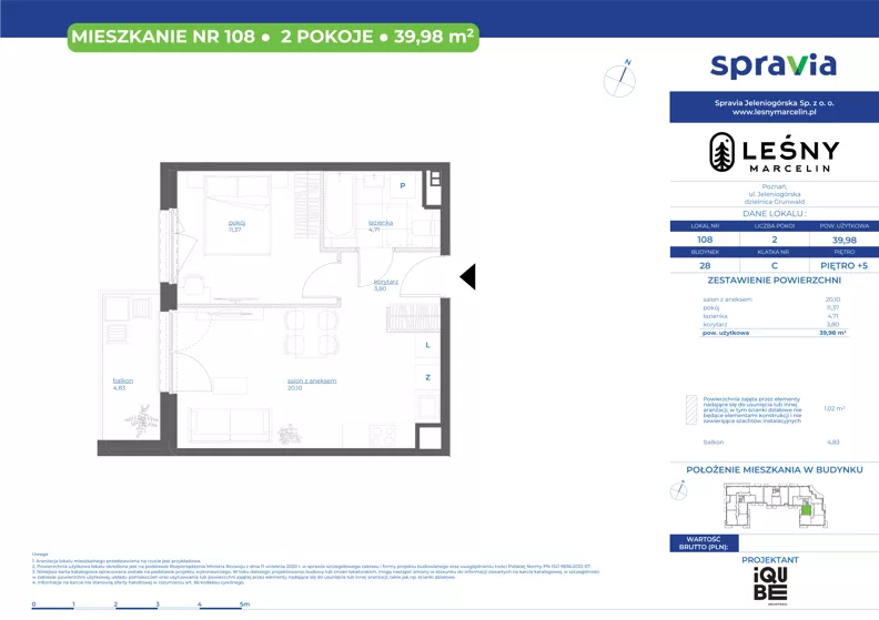 2 pokoje, mieszkanie 39,98 m², piętro 5, oferta nr 28/108, Leśny Marcelin, Poznań, Grunwald, Junikowo, ul. Jeleniogórska