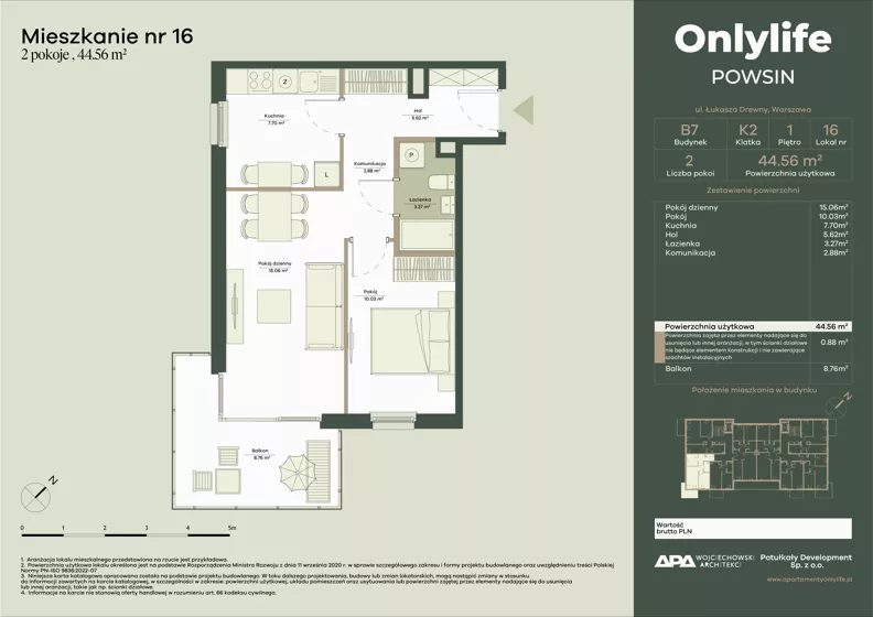 2 pokoje, mieszkanie 44,56 m², piętro 1, oferta nr B7/16, Apartamenty Onlylife, Warszawa, Wilanów, Powsin, ul. Łukasza Drewny/Potułkały