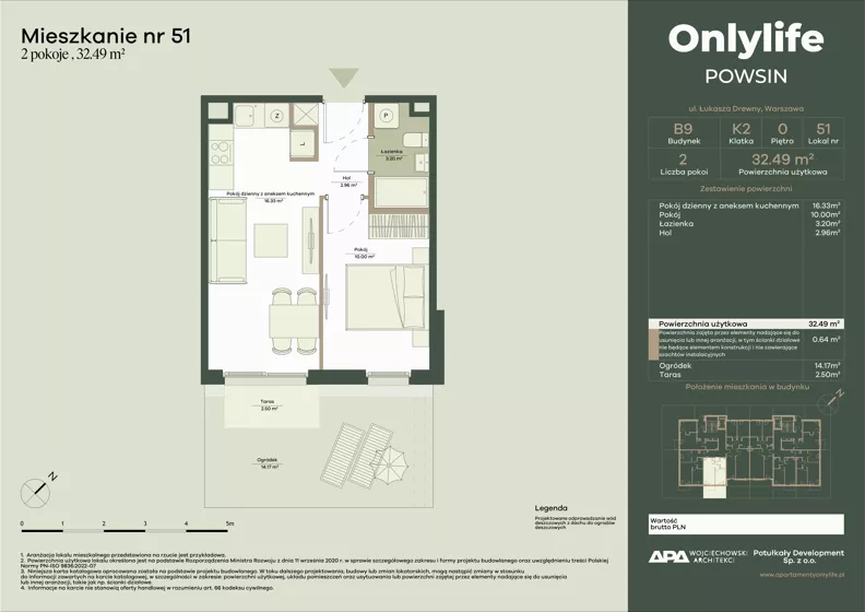 2 pokoje, mieszkanie 32,49 m², parter, oferta nr B9/51, Apartamenty Onlylife, Warszawa, Wilanów, Powsin, ul. Łukasza Drewny/Potułkały