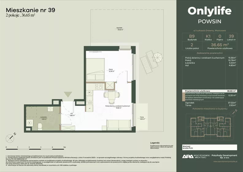 2 pokoje, mieszkanie 36,65 m², parter, oferta nr B9/39, Apartamenty Onlylife, Warszawa, Wilanów, Powsin, ul. Łukasza Drewny/Potułkały