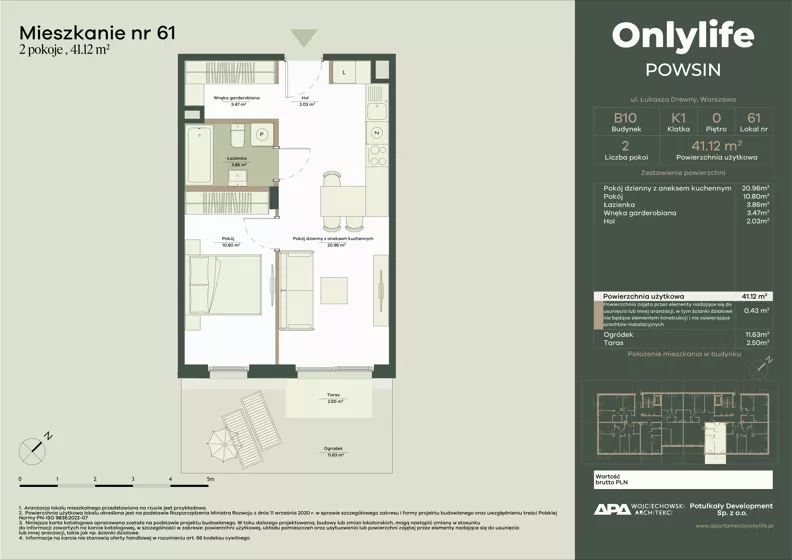 2 pokoje, mieszkanie 41,12 m², parter, oferta nr B10/61, Apartamenty Onlylife, Warszawa, Wilanów, Powsin, ul. Łukasza Drewny/Potułkały