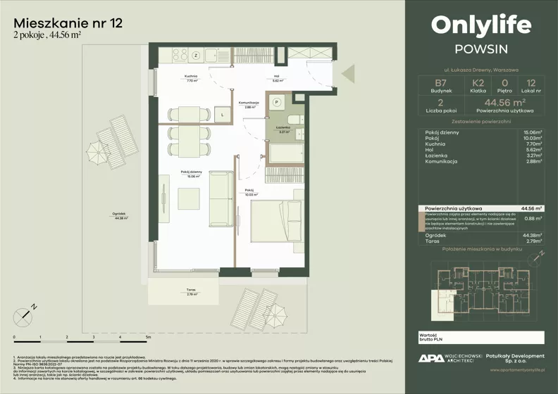 2 pokoje, mieszkanie 44,56 m², parter, oferta nr B7/12, Apartamenty Onlylife, Warszawa, Wilanów, Powsin, ul. Łukasza Drewny/Potułkały