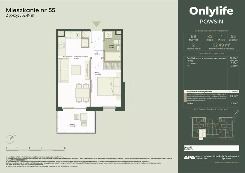 2 pokoje, mieszkanie 32,49 m², piętro 1, oferta nr B9/55, Apartamenty Onlylife, Warszawa, Wilanów, Powsin, ul. Łukasza Drewny/Potułkały