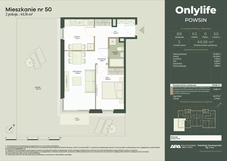 2 pokoje, mieszkanie 44,56 m², parter, oferta nr B9/50, Apartamenty Onlylife, Warszawa, Wilanów, Powsin, ul. Łukasza Drewny/Potułkały