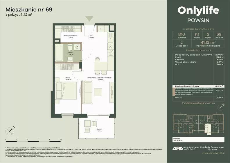 2 pokoje, mieszkanie 41,12 m², piętro 2, oferta nr B10/69, Apartamenty Onlylife, Warszawa, Wilanów, Powsin, ul. Łukasza Drewny/Potułkały