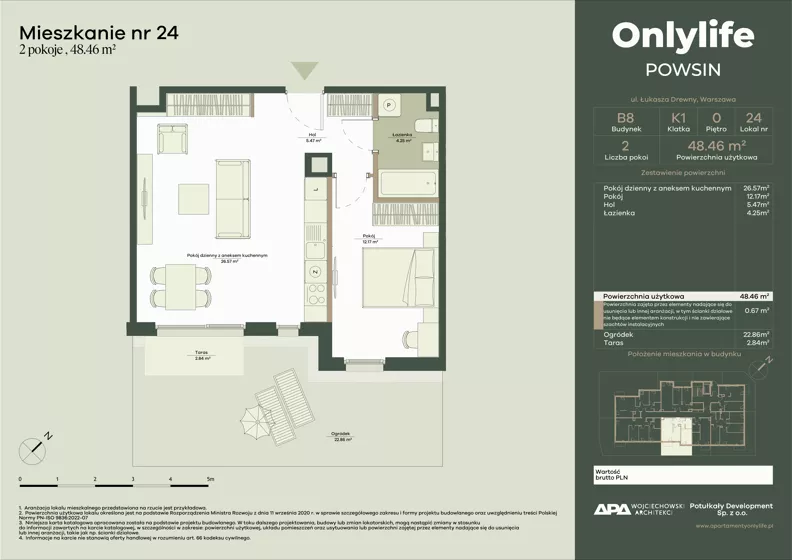 2 pokoje, mieszkanie 48,46 m², parter, oferta nr B8/24, Apartamenty Onlylife, Warszawa, Wilanów, Powsin, ul. Łukasza Drewny/Potułkały