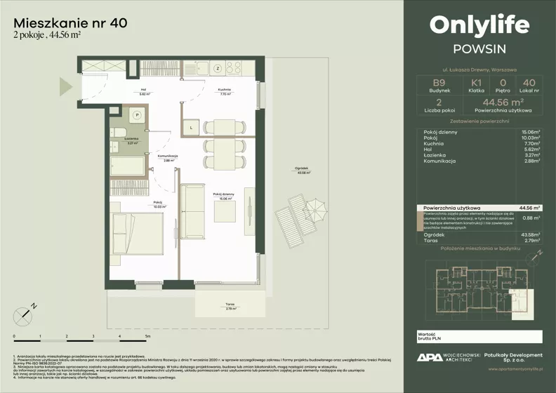 2 pokoje, mieszkanie 44,56 m², parter, oferta nr B9/40, Apartamenty Onlylife, Warszawa, Wilanów, Powsin, ul. Łukasza Drewny/Potułkały