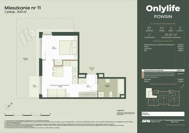 2 pokoje, mieszkanie 36,81 m², parter, oferta nr B7/11, Apartamenty Onlylife, Warszawa, Wilanów, Powsin, ul. Łukasze Drewny / Potukały