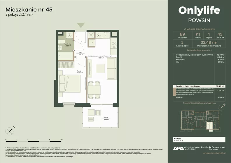 2 pokoje, mieszkanie 32,49 m², piętro 1, oferta nr B9/45, Apartamenty Onlylife, Warszawa, Wilanów, Powsin, ul. Łukasze Drewny / Potukały