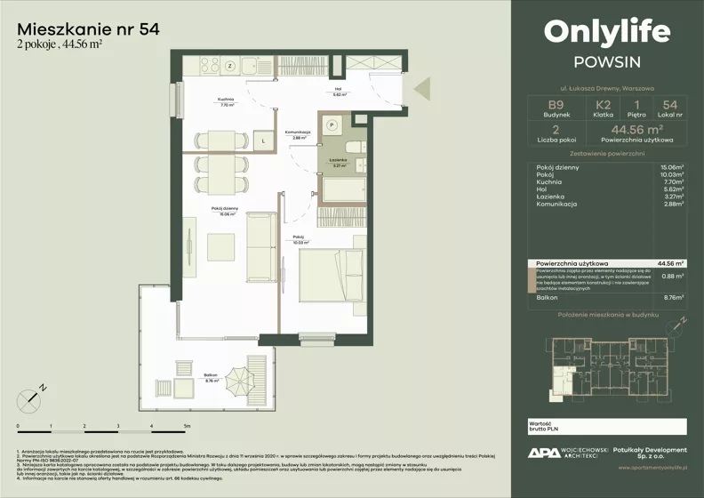 2 pokoje, mieszkanie 44,56 m², piętro 1, oferta nr B9/54, Apartamenty Onlylife, Warszawa, Wilanów, Powsin, ul. Łukasze Drewny / Potukały