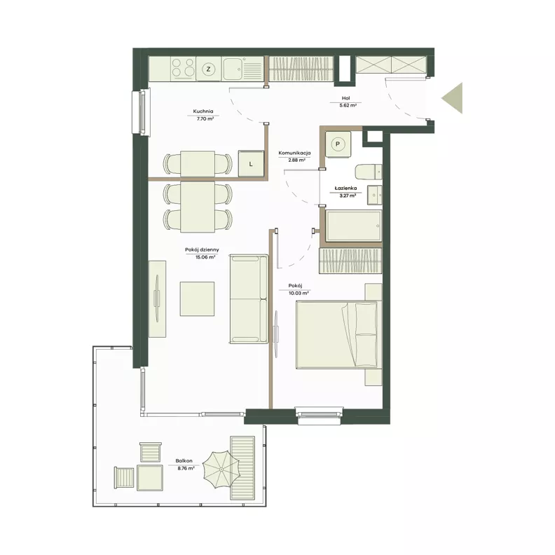 2 pokoje, mieszkanie 44,56 m², piętro 1, oferta nr B9/54, Apartamenty Onlylife, Warszawa, Wilanów, Powsin, ul. Łukasze Drewny / Potukały