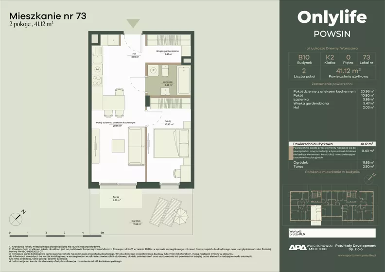 2 pokoje, mieszkanie 41,12 m², parter, oferta nr B10/73, Apartamenty Onlylife, Warszawa, Wilanów, Powsin, ul. Łukasze Drewny / Potukały
