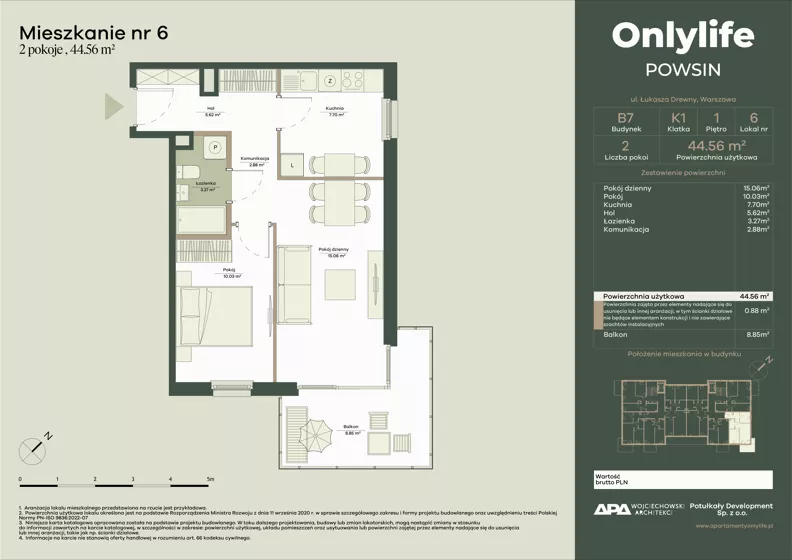 2 pokoje, mieszkanie 44,56 m², piętro 1, oferta nr B7/6, Apartamenty Onlylife, Warszawa, Wilanów, Powsin, ul. Łukasze Drewny / Potukały
