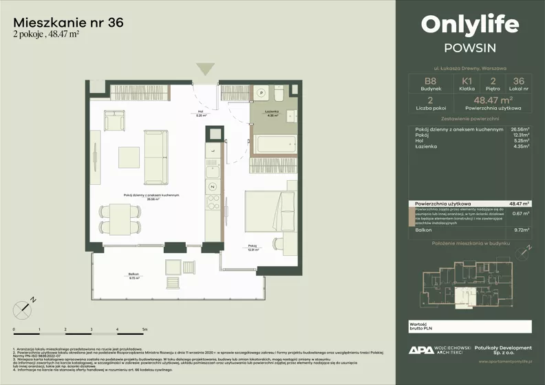 2 pokoje, mieszkanie 48,47 m², piętro 2, oferta nr B8/36, Apartamenty Onlylife, Warszawa, Wilanów, Powsin, ul. Łukasze Drewny / Potukały