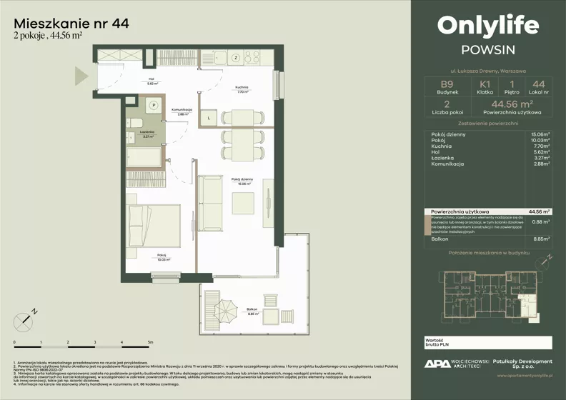 2 pokoje, mieszkanie 44,56 m², piętro 1, oferta nr B9/44, Apartamenty Onlylife, Warszawa, Wilanów, Powsin, ul. Łukasze Drewny / Potukały