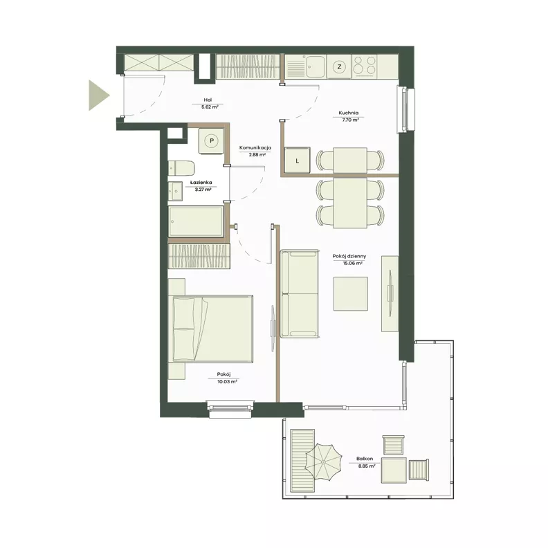 2 pokoje, mieszkanie 44,56 m², piętro 1, oferta nr B9/44, Apartamenty Onlylife, Warszawa, Wilanów, Powsin, ul. Łukasze Drewny / Potukały
