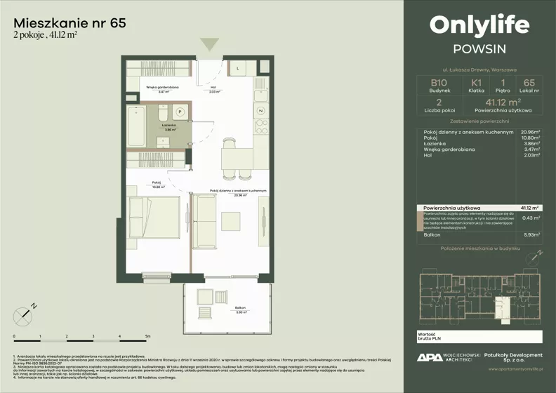 2 pokoje, mieszkanie 41,12 m², piętro 1, oferta nr B10/65, Apartamenty Onlylife, Warszawa, Wilanów, Powsin, ul. Łukasze Drewny / Potukały