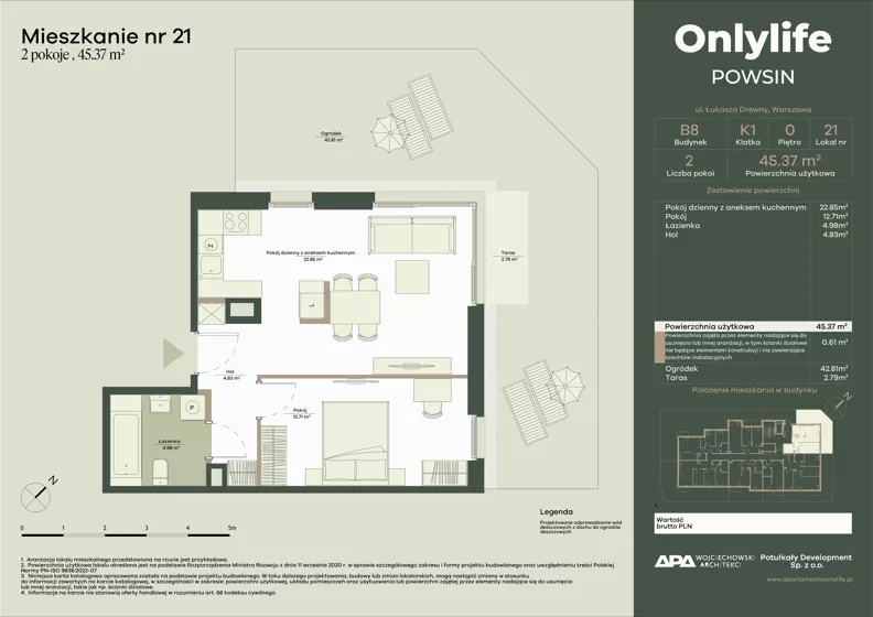 2 pokoje, mieszkanie 45,37 m², parter, oferta nr B8/21, Apartamenty Onlylife, Warszawa, Wilanów, Powsin, ul. Łukasze Drewny / Potukały
