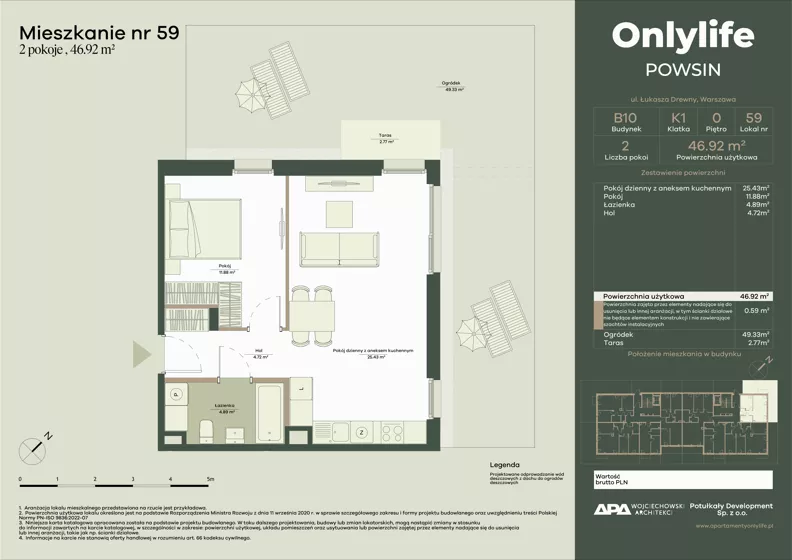 2 pokoje, mieszkanie 46,92 m², parter, oferta nr B10/59, Apartamenty Onlylife, Warszawa, Wilanów, Powsin, ul. Łukasze Drewny / Potukały