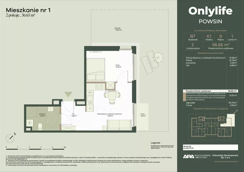 2 pokoje, mieszkanie 36,65 m², parter, oferta nr B7/1, Apartamenty Onlylife, Warszawa, Wilanów, Powsin, ul. Łukasze Drewny / Potukały