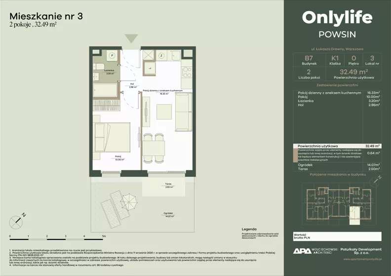 2 pokoje, mieszkanie 32,49 m², parter, oferta nr B7/3, Apartamenty Onlylife, Warszawa, Wilanów, Powsin, ul. Łukasze Drewny / Potukały