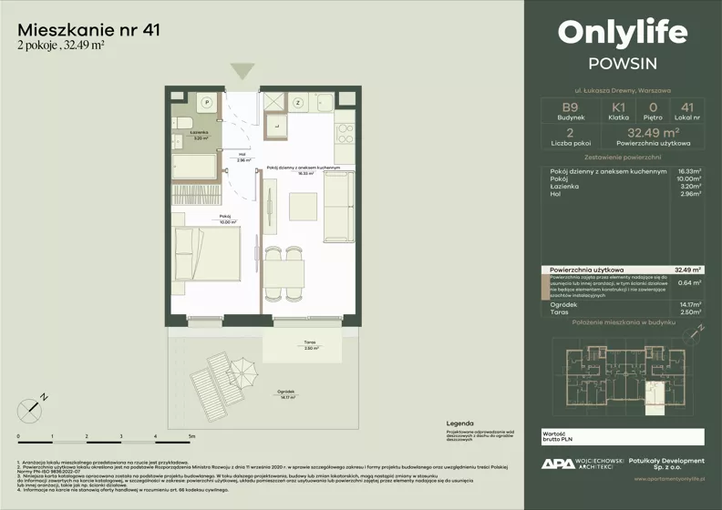 2 pokoje, mieszkanie 32,49 m², parter, oferta nr B9/41, Apartamenty Onlylife, Warszawa, Wilanów, Powsin, ul. Łukasze Drewny / Potukały