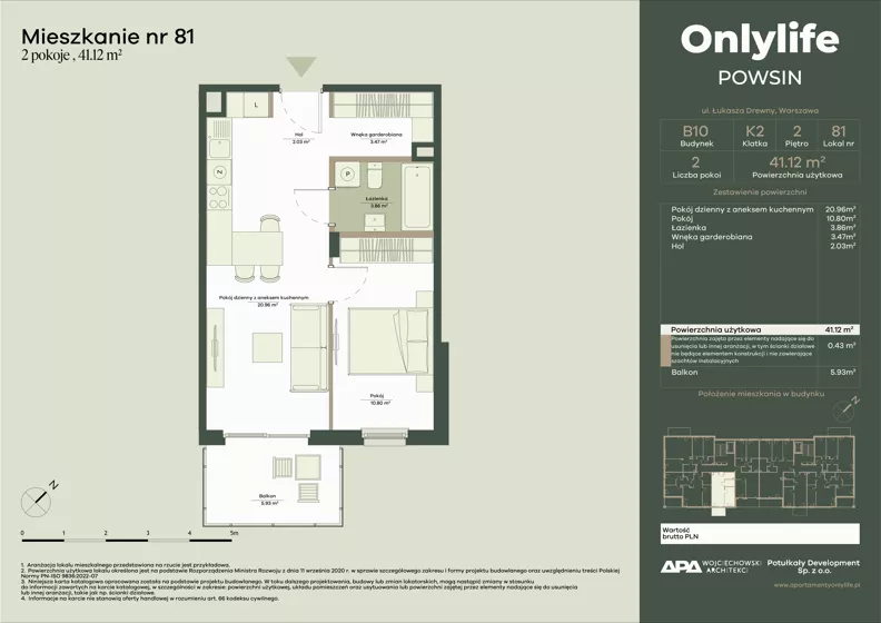 2 pokoje, mieszkanie 41,12 m², piętro 2, oferta nr B10/81, Apartamenty Onlylife, Warszawa, Wilanów, Powsin, ul. Łukasze Drewny / Potukały