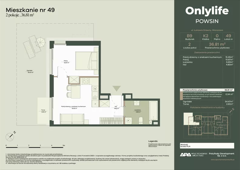 2 pokoje, mieszkanie 36,81 m², parter, oferta nr B9/49, Apartamenty Onlylife, Warszawa, Wilanów, Powsin, ul. Łukasze Drewny / Potukały