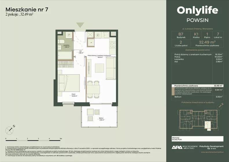 2 pokoje, mieszkanie 32,49 m², piętro 1, oferta nr B7/7, Apartamenty Onlylife, Warszawa, Wilanów, Powsin, ul. Łukasze Drewny / Potukały