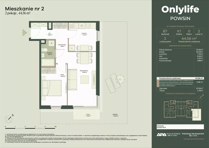 2 pokoje, mieszkanie 44,56 m², parter, oferta nr B7/2, Apartamenty Onlylife, Warszawa, Wilanów, Powsin, ul. Łukasze Drewny / Potukały