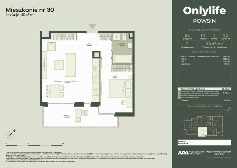 2 pokoje, mieszkanie 48,35 m², piętro 1, oferta nr B8/30, Apartamenty Onlylife, Warszawa, Wilanów, Powsin, ul. Łukasze Drewny / Potukały