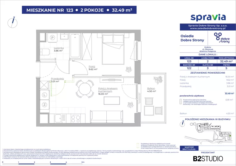 2 pokoje, mieszkanie 32,49 m², piętro 5, oferta nr 122/123, Dobre Strony, Kraków, Dębniki, Borek Fałęcki, ul. Obozowa
