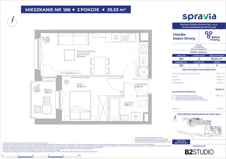 2 pokoje, mieszkanie 35,53 m², piętro 4, oferta nr 126/188, Dobre Strony, Kraków, Dębniki, Borek Fałęcki, ul. Obozowa