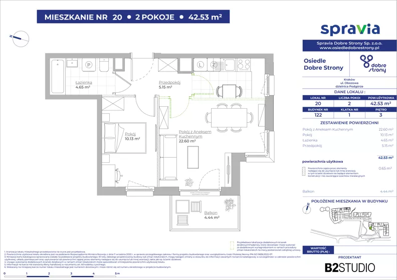 2 pokoje, mieszkanie 42,53 m², piętro 3, oferta nr 122/20, Dobre Strony, Kraków, Dębniki, Borek Fałęcki, ul. Obozowa