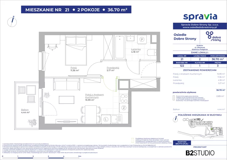 2 pokoje, mieszkanie 36,70 m², piętro 3, oferta nr 122/21, Dobre Strony, Kraków, Dębniki, Borek Fałęcki, ul. Obozowa