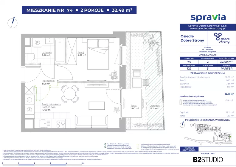 2 pokoje, mieszkanie 32,49 m², parter, oferta nr 122/74, Dobre Strony, Kraków, Dębniki, Borek Fałęcki, ul. Obozowa