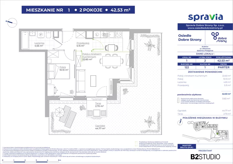 2 pokoje, mieszkanie 42,53 m², parter, oferta nr 122/1, Dobre Strony, Kraków, Dębniki, Borek Fałęcki, ul. Obozowa