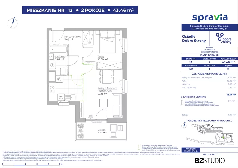 2 pokoje, mieszkanie 43,46 m², piętro 2, oferta nr 122/13, Dobre Strony, Kraków, Dębniki, Borek Fałęcki, ul. Obozowa