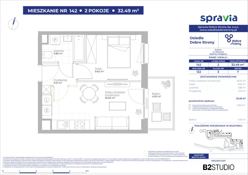 2 pokoje, mieszkanie 32,49 m², piętro 7, oferta nr 122/142, Dobre Strony, Kraków, Dębniki, Borek Fałęcki, ul. Obozowa