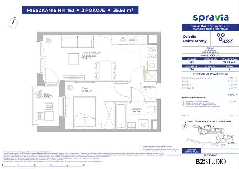 2 pokoje, mieszkanie 35,53 m², piętro 1, oferta nr 126/162, Dobre Strony, Kraków, Dębniki, Borek Fałęcki, ul. Obozowa