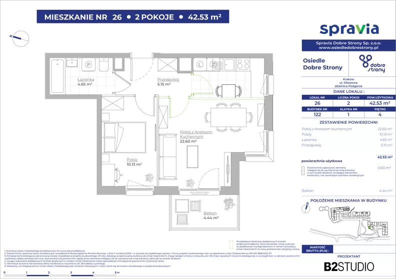 2 pokoje, mieszkanie 42,53 m², piętro 4, oferta nr 122/26, Dobre Strony, Kraków, Dębniki, Borek Fałęcki, ul. Obozowa