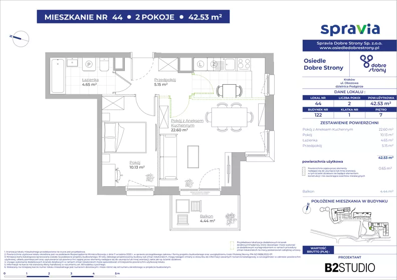 2 pokoje, mieszkanie 42,53 m², piętro 7, oferta nr 122/44, Dobre Strony, Kraków, Dębniki, Borek Fałęcki, ul. Obozowa
