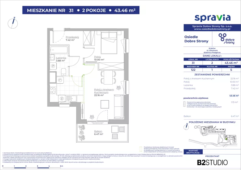 2 pokoje, mieszkanie 43,46 m², piętro 5, oferta nr 122/31, Dobre Strony, Kraków, Dębniki, Borek Fałęcki, ul. Obozowa
