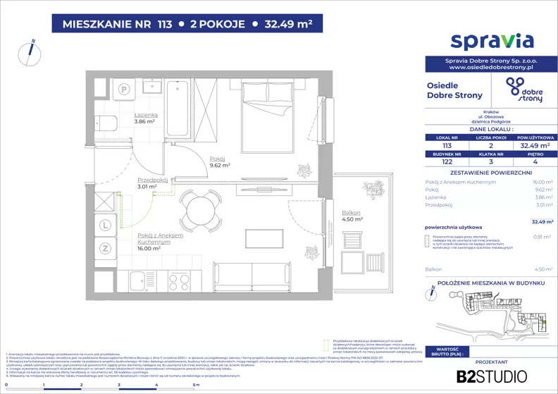 2 pokoje, mieszkanie 32,49 m², piętro 4, oferta nr 122/113, Dobre Strony, Kraków, Dębniki, Borek Fałęcki, ul. Obozowa