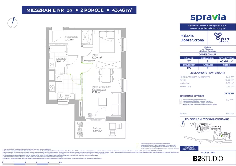 2 pokoje, mieszkanie 43,46 m², piętro 6, oferta nr 122/37, Dobre Strony, Kraków, Dębniki, Borek Fałęcki, ul. Obozowa